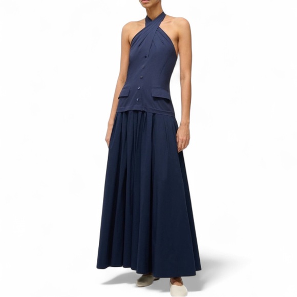 STAUD Harrington Halter Maxi Dress Navy 16 NWT